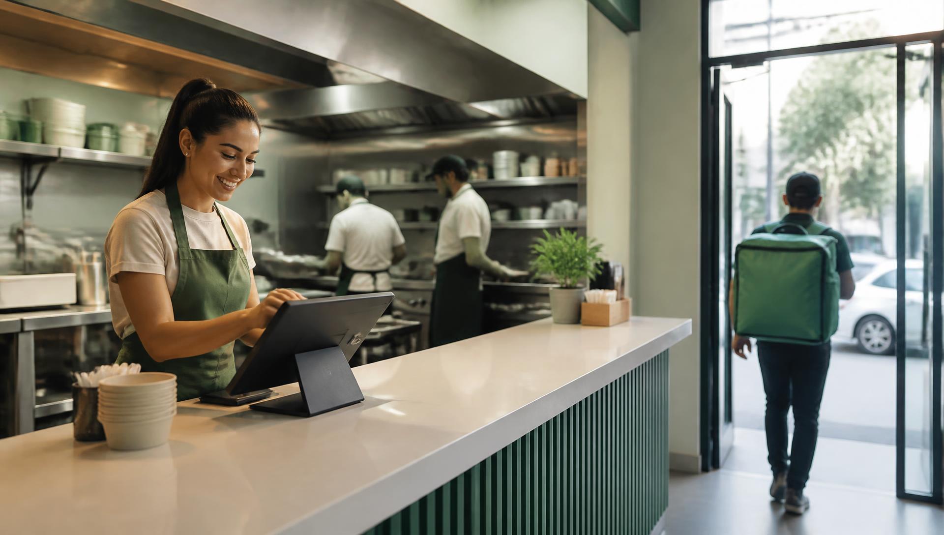 Mostrador de un comercio con punto de venta, cocina al fondo y Fliter saliendo a entregar