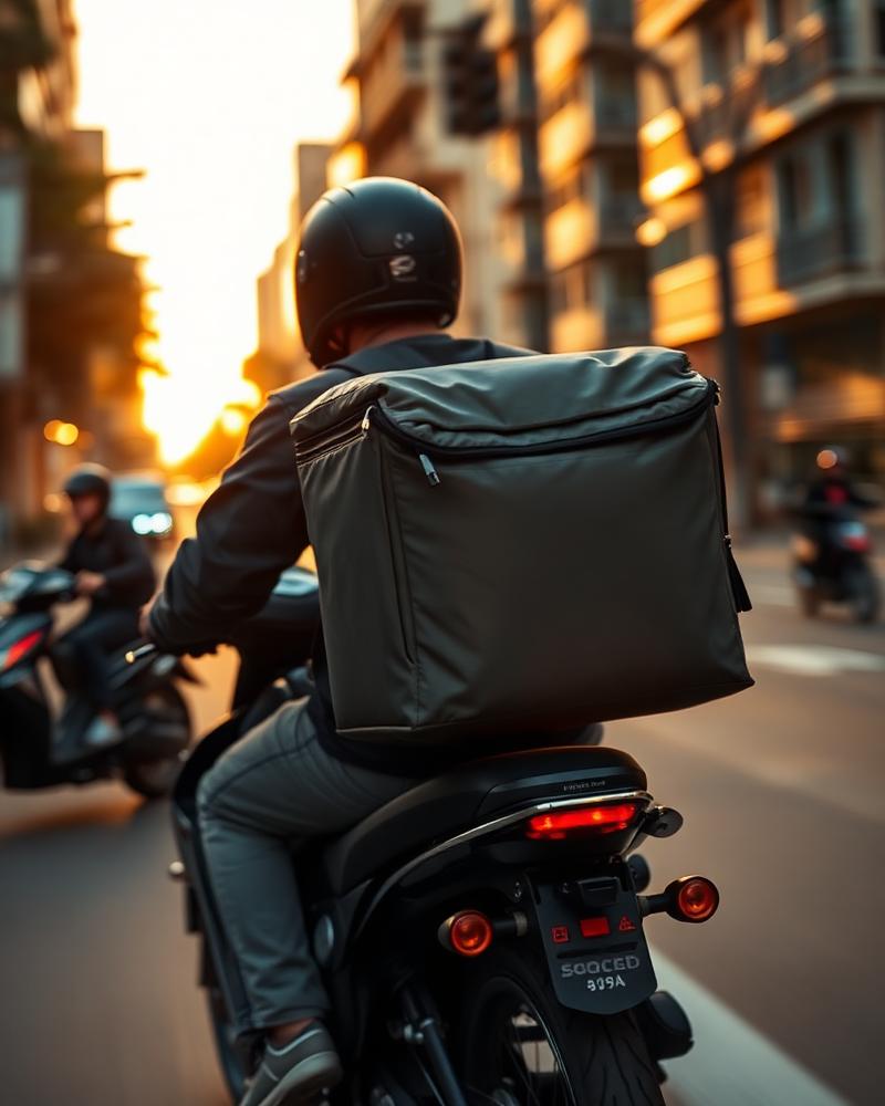 Fliter en moto con mochila térmica en ruta
