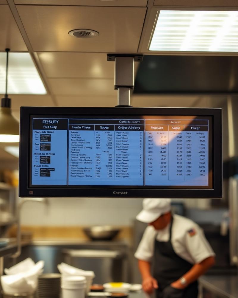 Pantalla de cocina mostrando comandas en un restaurante