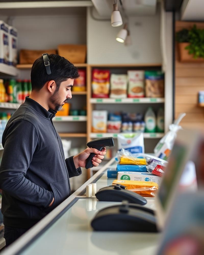 Comerciante escaneando un producto en el mostrador de su tienda
